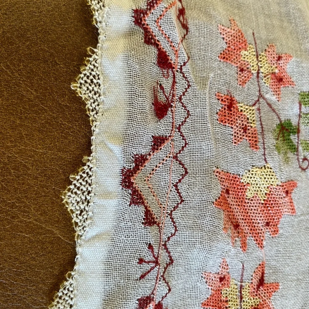 Vintage Gauze Cross Stitch / Crochet Mantel Cover Table Runner